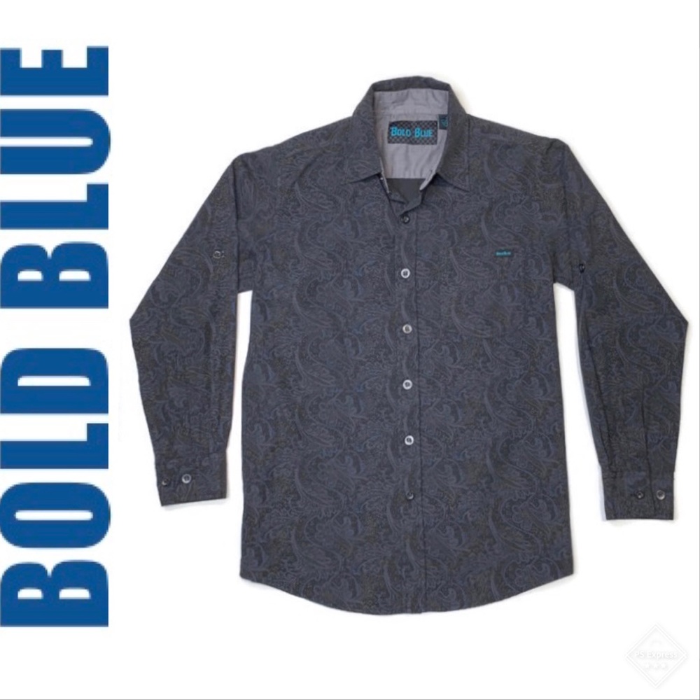 2/$20🛍 Bold Blue Boy’s Dress Shirt Blk/Gry/Blue